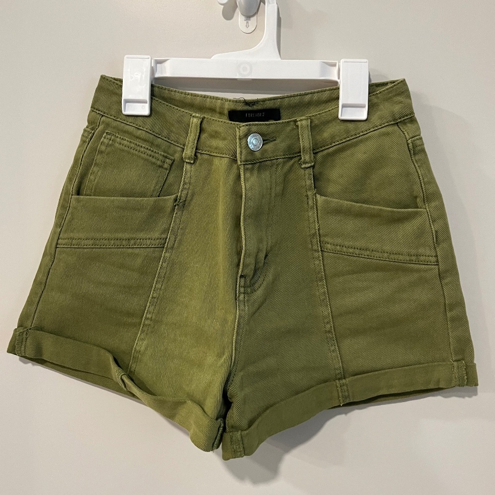 Khaki green high-rise Forever 21 denim shorts